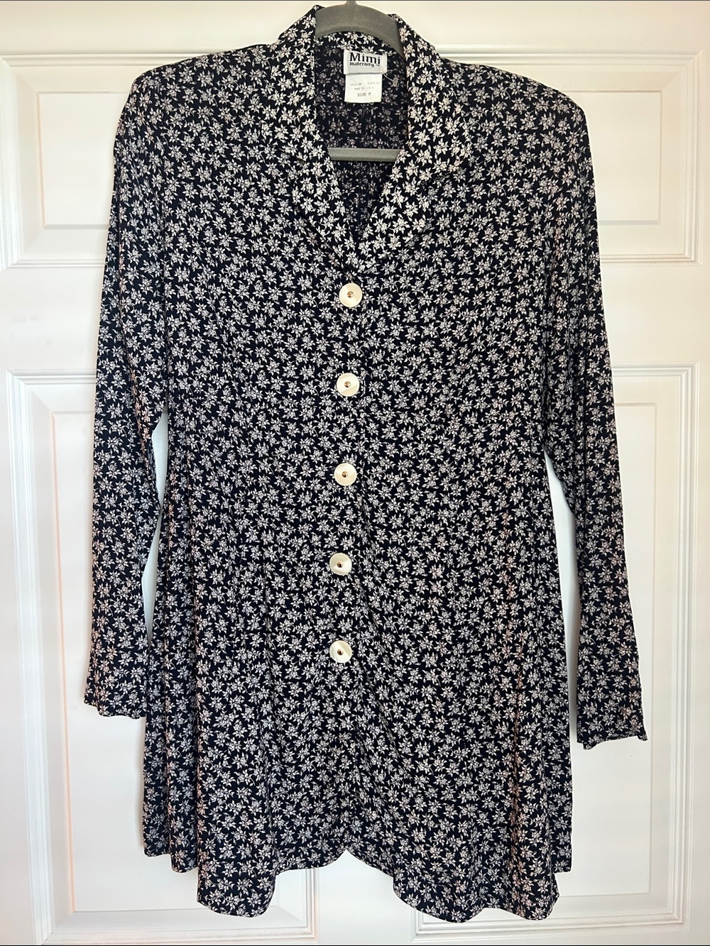 Vintage Mimi Maternity Navy and White Floral Button-Front Long-Sleeve Tunic